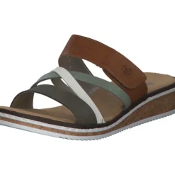 Rieker V3652, Plateau-Pantoletten, Damen, Braun / Weiß / Olive