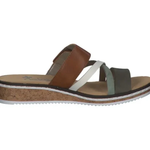 Rieker V3652, Plateau-Pantoletten, Damen, Braun / Weiß / Olive